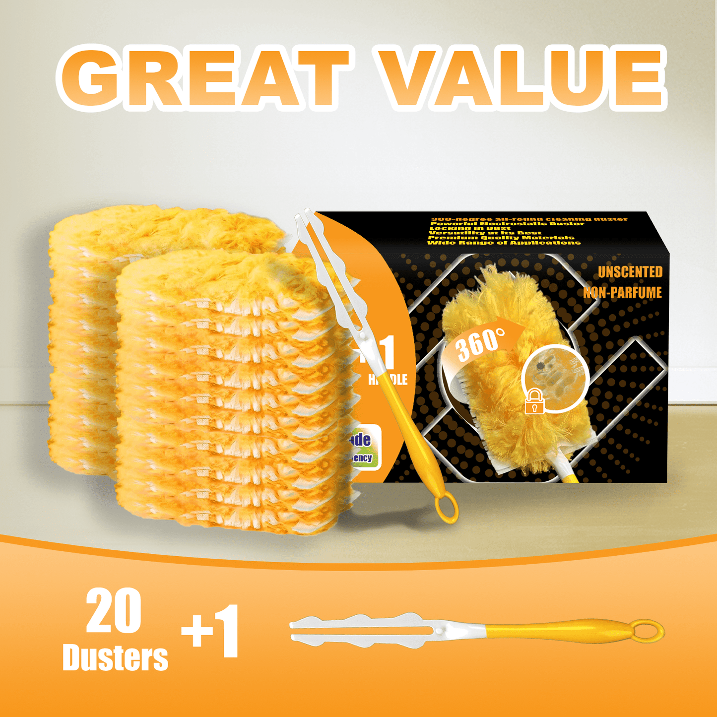 Duster Refills 360° for 20 pcs & 1 Handle Featuring 5x Powerful Dust Removal Disposable Feather Duster Multi Surface Refills Super Efficient Duster Kit Compatible with Dusters