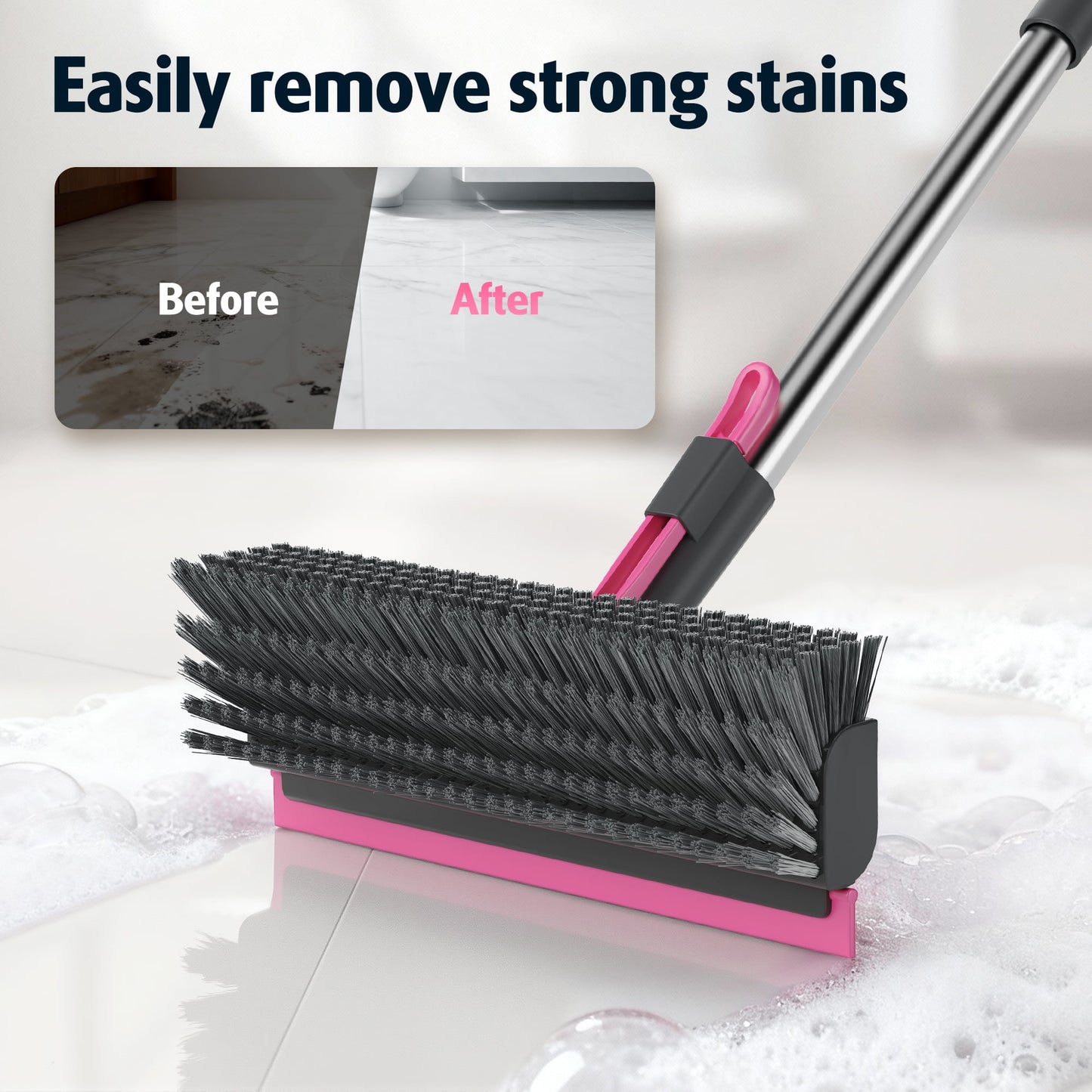 Floor Scrub Brush with Long Handle and Stiff Bristles, Heavy-Duty Scrubber Brush with Squeegee for Effective Tile and Grout Cleaning, Suitable for Bathroom, Kitchen, Patio, Garage, Wall, and Deck