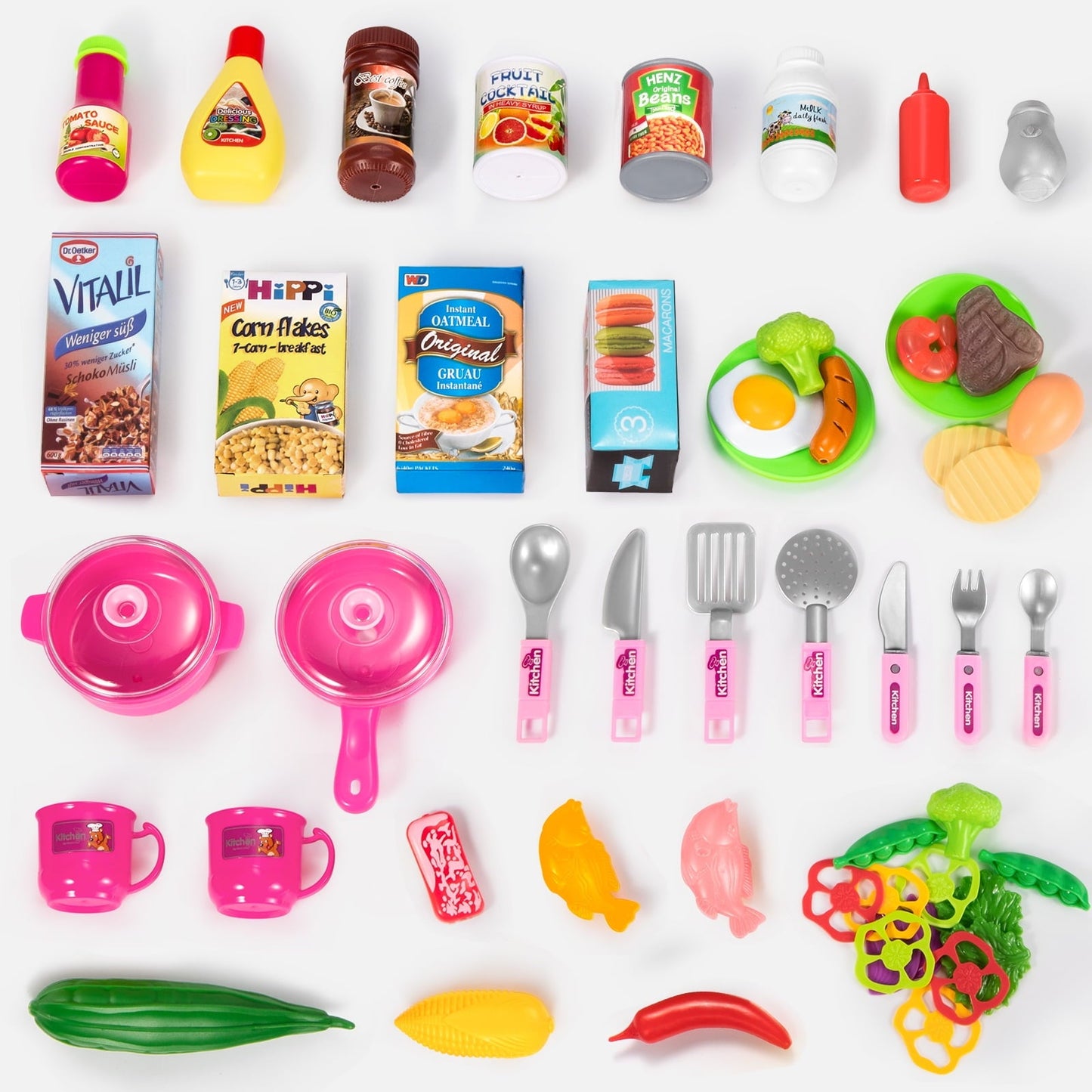 TEMI Play Kitchen Playset Pretend Food - 53-Pack Pink Kitchen Toys for Toddlers, Toy Accessories Toddler Set with Real Sounds and Lights, Toddler Outdoor Playset for Kids (29" x10" x 20")