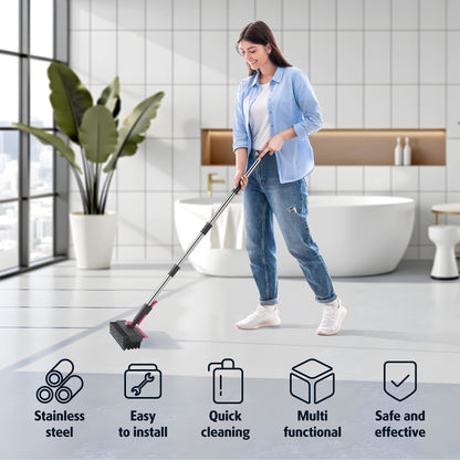Floor Scrub Brush with Long Handle and Stiff Bristles, Heavy-Duty Scrubber Brush with Squeegee for Effective Tile and Grout Cleaning, Suitable for Bathroom, Kitchen, Patio, Garage, Wall, and Deck
