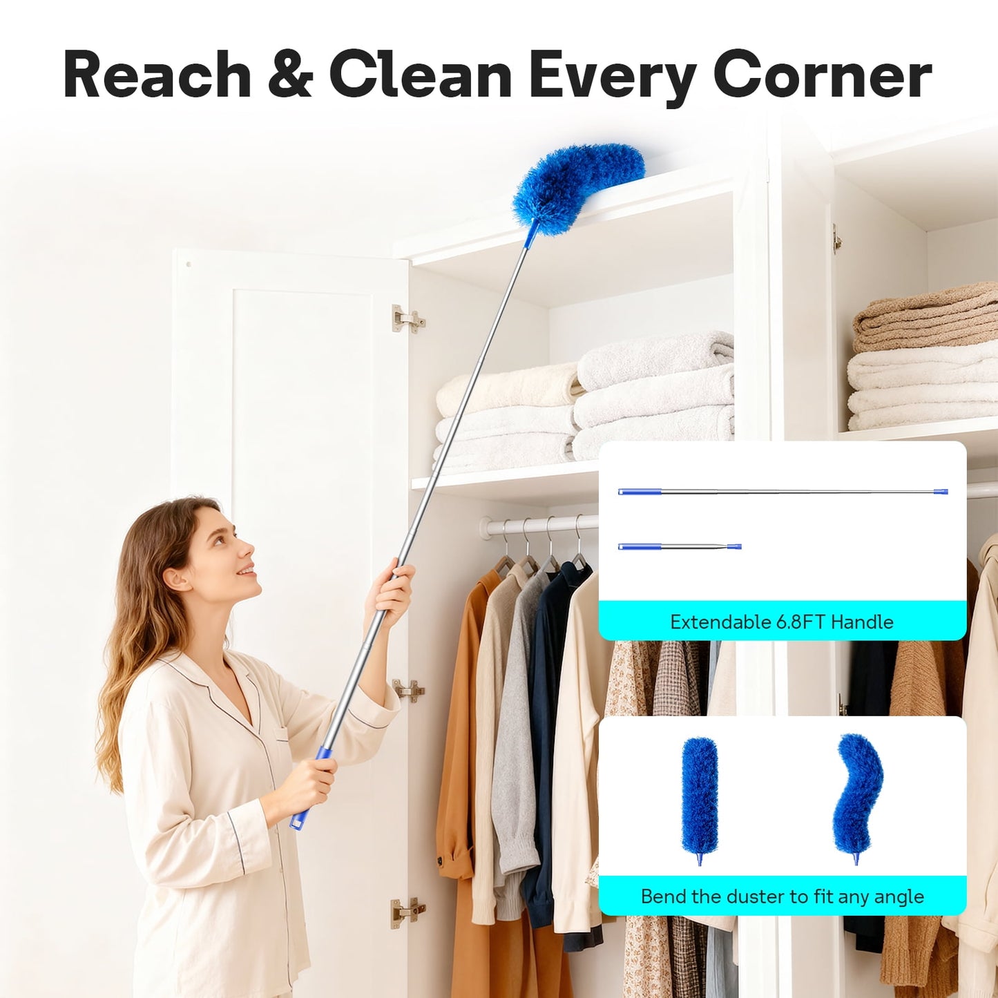 Duster Kit Reusable Microfiber 6-pcs Duster Kit Washable with 80-Inch Telescopic Pole, Reusable Duster, Lightweight Duster for Ceiling Fan Webs, Blinds