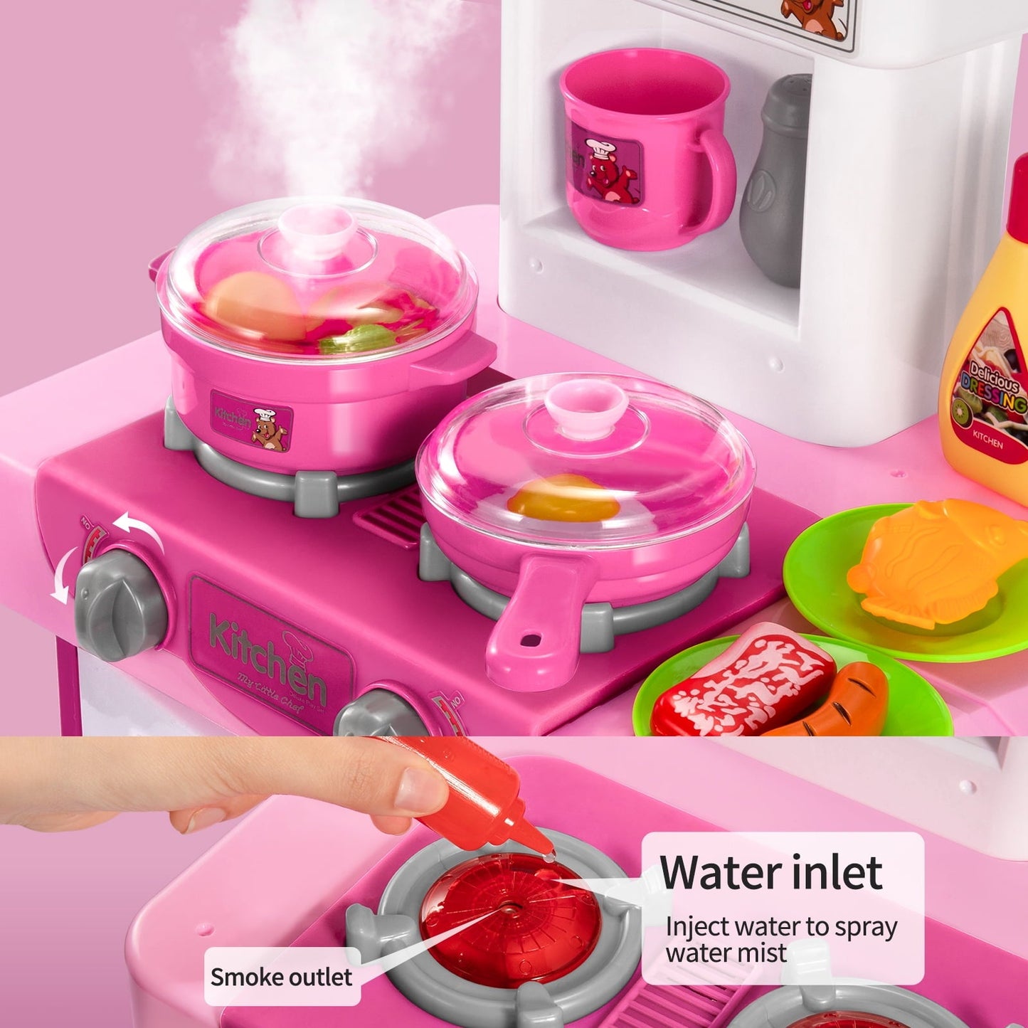 TEMI Play Kitchen Playset Pretend Food - 53-Pack Pink Kitchen Toys for Toddlers, Toy Accessories Toddler Set with Real Sounds and Lights, Toddler Outdoor Playset for Kids (29" x10" x 20")