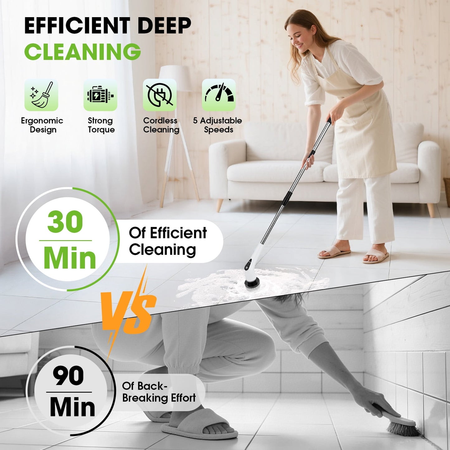Electric Spin Scrubber, Loheer Cordless Bath Tub Power Scrubber with Long Handle & 9 Replaceable Heads, Detachable as Short Handle, Shower Cleaning Brush Household Tools for Bathroom & Tile Floor