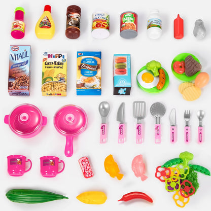 TEMI Play Kitchen Playset Pretend Food - 53-Pack Pink Kitchen Toys for Toddlers, Toy Accessories Toddler Set with Real Sounds and Lights, Toddler Outdoor Playset for Kids (29" x10" x 20")