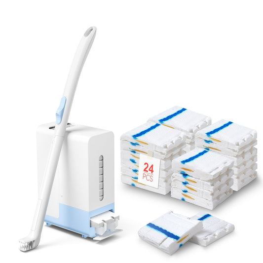 Disposable Toilet Brush Wand Starter Kit for Scrubbing Bubbles Flushable Refills, Wall Mount Toilet Cleaning System, 1 Wand + 24 Flusahble Refills + 1 Automatic Visual Caddy