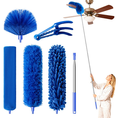 Duster Kit Reusable Microfiber 6-pcs Duster Kit Washable with 80-Inch Telescopic Pole, Reusable Duster, Lightweight Duster for Ceiling Fan Webs, Blinds