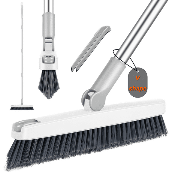 Grout Cleaner Brush with Long Handle, 2-in-1 V-Shaped Stiff Bristle Floor Scrub Brush with Rotating Head and Hair Clip, Adjustable 27–50 Inch Shower Cleaner Brush for Tile Floors, Bathroom, Kitchen,