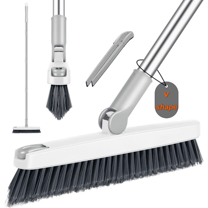 Grout Cleaner Brush with Long Handle, 2-in-1 V-Shaped Stiff Bristle Floor Scrub Brush with Rotating Head and Hair Clip, Adjustable 27–50 Inch Shower Cleaner Brush for Tile Floors, Bathroom, Kitchen,