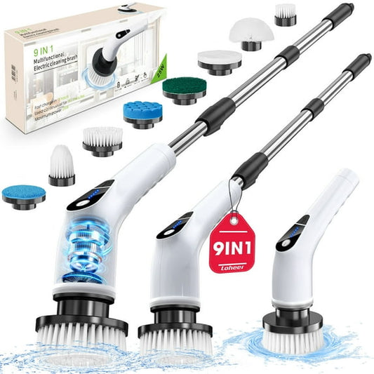 Electric Spin Scrubber, Loheer Cordless Bath Tub Power Scrubber with Long Handle & 9 Replaceable Heads, Detachable as Short Handle, Shower Cleaning Brush Household Tools for Bathroom & Tile Floor