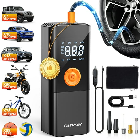 Loheer Tire Inflator Portable Air Compressor, Air Pump for Car Tires 150PSI Cordless with Battery and 12V DC, Electric Bike Pump with Pressure Gauge, Auto Shutoff