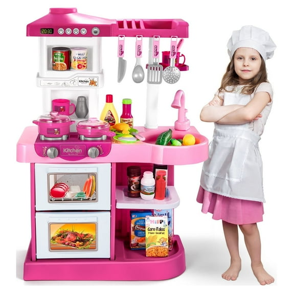 TEMI Play Kitchen Playset Pretend Food - 53-Pack Pink Kitchen Toys for Toddlers, Toy Accessories Toddler Set with Real Sounds and Lights, Toddler Outdoor Playset for Kids (29" x10" x 20")