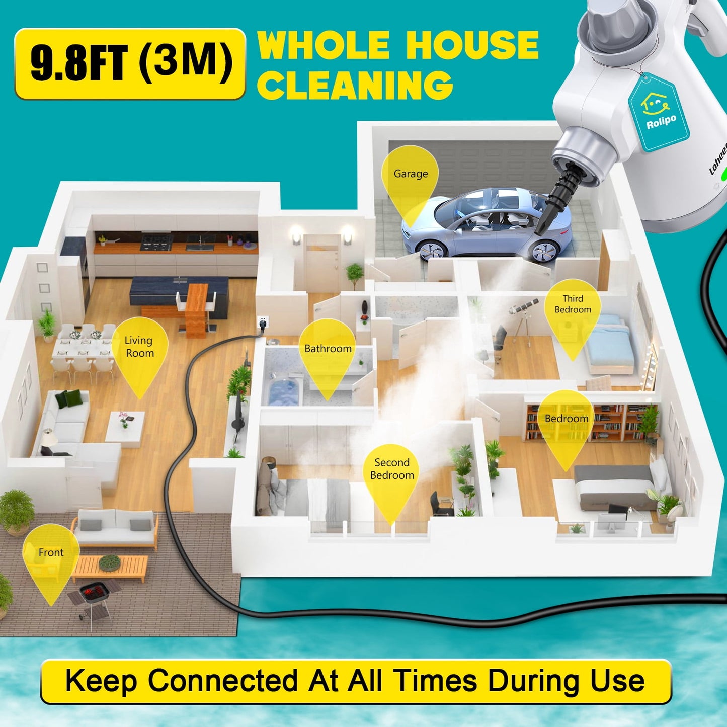 Loheer Steam Cleaner, 1000W Pressurized Handheld Steam Cleaner for Home with 12 Accessories & Safety Lock, Multi-Surface Steamer for Cleaning, White