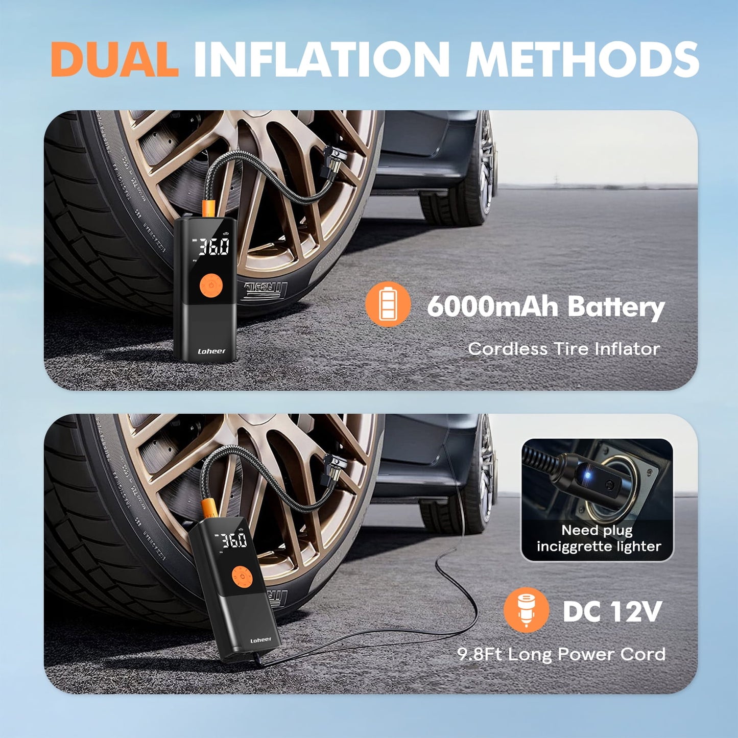 Loheer Tire Inflator Portable Air Compressor, Air Pump for Car Tires 150PSI Cordless with Battery and 12V DC, Electric Bike Pump with Pressure Gauge, Auto Shutoff