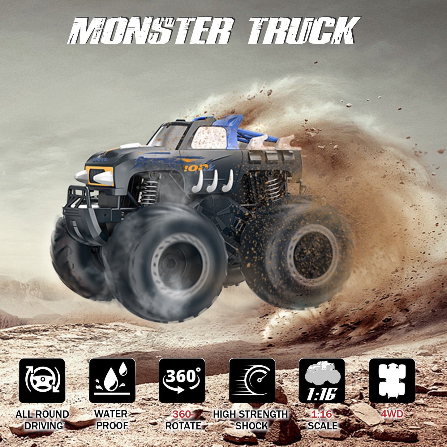 LOHEER 1:16 Remote Control Cars , Waterproof 4WD RC Monster Truck Toys Gifts for Kids Adults
