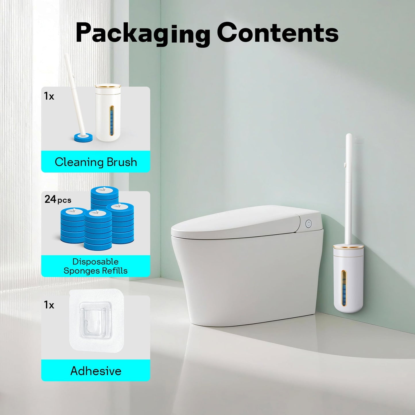 Disposable Toilet Brush with Refill Heads - Wall Mounted Cleaning System Includes Storage Caddy & Toilet Wand, 24 Scrubbing Pads