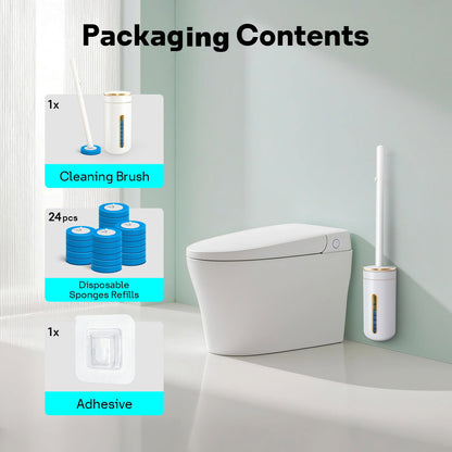 Disposable Toilet Brush with Refill Heads - Wall Mounted Cleaning System Includes Storage Caddy & Toilet Wand, 24 Scrubbing Pads